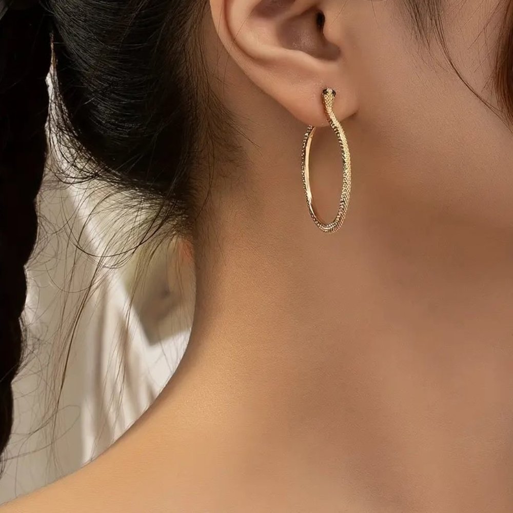 Gold Serpent Snake Blue Rhinestone Eyes Hoop Earrings NEW - Picture 7 of 7